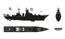 Detailed Silhouette Of Military Ship. Top, Front And Side View. Battleship Model. Industrial Drawing. Warship In Flat Style