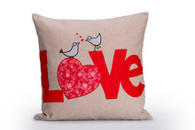 Love Pillow, Red Love Letters And Two Birds Embroidered On Brown Cotton Textile Pillow Isolated On White Background, Perfect Gift For Valentines Day Or As A Bohemian Home Accessory Decoration