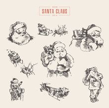 Set Of Santa Clauses, Hand Drawn Vector Sketch