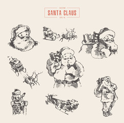 Set of Santa Clauses, hand drawn vector sketch