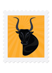 Wall Mural - Postage stamp - Bull - head in profile with big horns - isolated on white background - art creative illustration of a vector