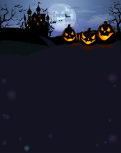 Halloween Background With Scary Pumpkins And Dracula Castle