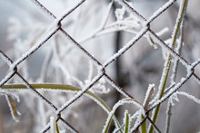 Steel Metal Net Wire Fence Covered In Ice Crystal Frost