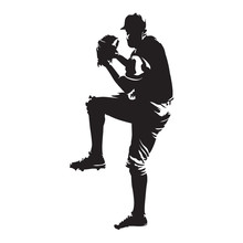 Baseball Player, Pitcher Throwing Ball, Abstract Vector Silhouette