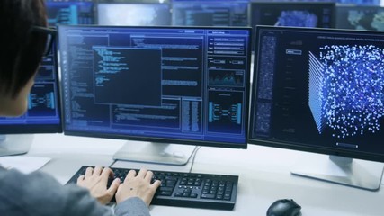 Fototapete - Technical Controller/ Operator Working at His Workstation with Multiple Displays Showing Graphics. Possible Power Plant/ Airport Dispatcher/ Dam Worker/ Data Center/ Government Surveillance.