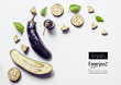 Creative layout from a solid and sliced eggplant on a white background with space for text. Vegetables isolated on white background. View from above