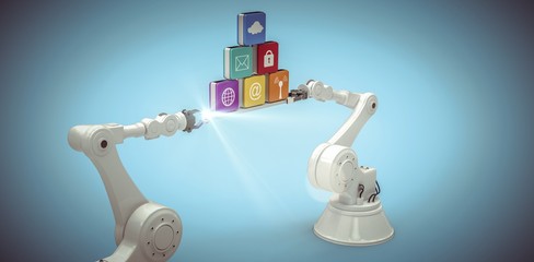 Poster - Composite image of white robotic hands holding computer icons