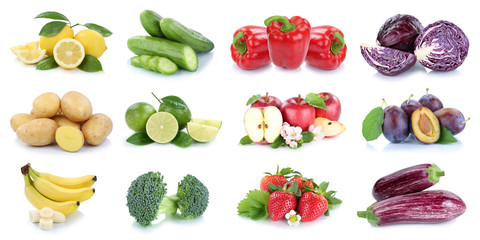  Obst und Gemüse Früchte Apfel Erdbeeren Zitrone Farben Collage Freisteller freigestellt isoliert