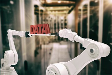 Sticker - Composite image of white robotic hands holding red data message 