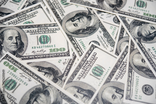 A pile of hundred dollar bills, Economic of America concept Poster