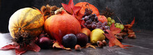 Autumn Harvest Seasonal Fruits And Vegetables On Grey Background.