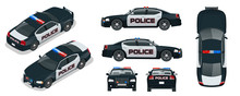 Vector Police Car With Rooftop Flashing Lights, A Siren And Emblems. Template Isolated Illustration. View Front, Rear, Side, Top And Isometric. Change The Colour In One Click.