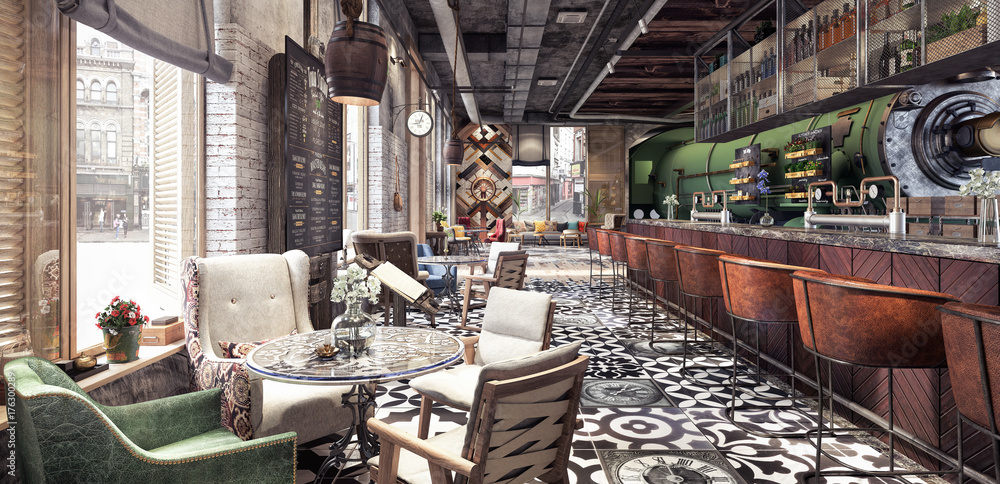 Concept design of modern Restaurant lounge bar "Train Station" 3D Rendering - obrazy, fototapety, plakaty 