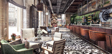 Concept Design Of Modern Restaurant Lounge Bar "Train Station" 3D Rendering