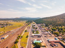 Aerial View Of The Historical Route 66 And Railway In The City Of Williams, Arizona.