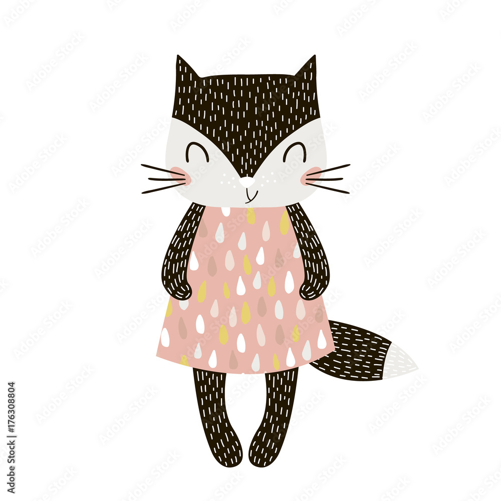 Cute cartoon cat girl in scandinavian style. Childish print for nursery, kids apparel,poster, postcard. Vector Illustration - obrazy, fototapety, plakaty 