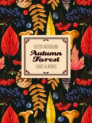 Canvas Print - Autumn card with leaves and berries