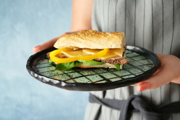 Wall Mural - Woman holding plate with steak sandwich, closeup