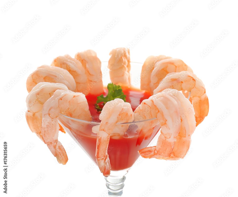 Glass with shrimp cocktail and tomato sauce, isolated on white