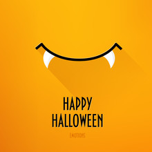 Happy Halloween Card With Vampire's Smile And Greeting Text On Orange Background. Flat Design. Vector.