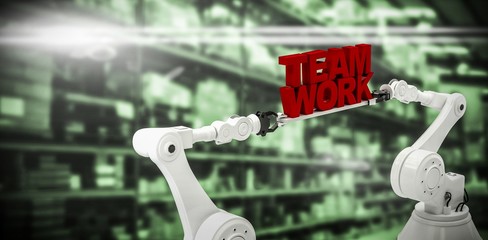 Sticker - Composite image of metallic robotic hand holding team work text