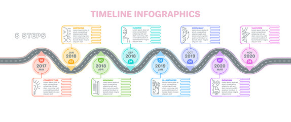 Navigation map infographics 8 steps timeline concept. Creative f