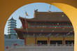 Buddhist pagoda and temple in the arch of the gate