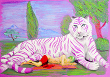 Painting Gouache. Pink Tiger Lying On The Grass Next To Him Lies