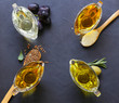 various types of vegetable oil - sesame, olive, linseed and grape seeds