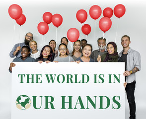 Sticker - Group of Diverse People with Balloons and Environment Sign