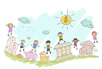 Stickman Kids Financial Investments Illustration