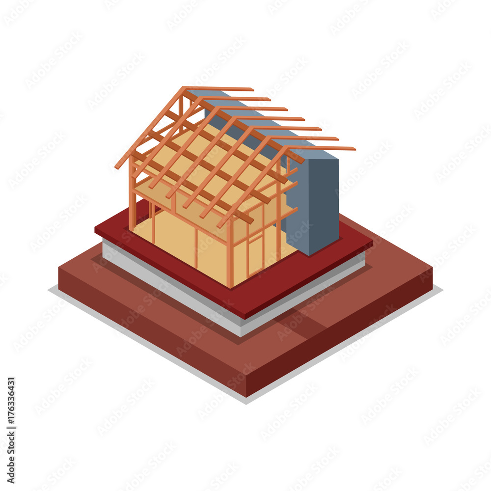 House roof and walls framework isometric 3D icon. Construction stages ...