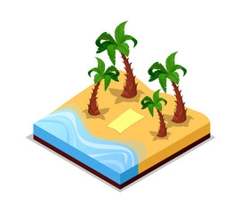 sandy beach with palm trees isometric 3d icon. public park decorative plant vector illustration. nat