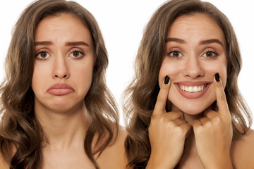 Wall Mural - different expressions of a same woman on white background