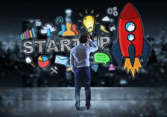 Wall Mural - Businessman watching startup sketch on a rooftop 3D rendering