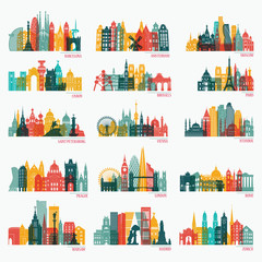 Skyline detailed silhouette set (Barcelona, Madrid, Rome, London, Vienna, Prague, Brussels, Istanbul, Lisbon, Moscow, Warsaw, Amsterdam, Zurich). Travel and tourism background. Vector illustration