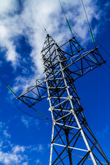 Support of high voltage power lines against the evening sky