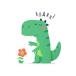 Cute little green dinosaur monster trying to scare flower vector cartoon illustration