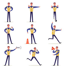 Sticker - Traffic officer in uniform with high visibility vest set, policeman standing at crossroads and making sign with his hands vector Illustrations