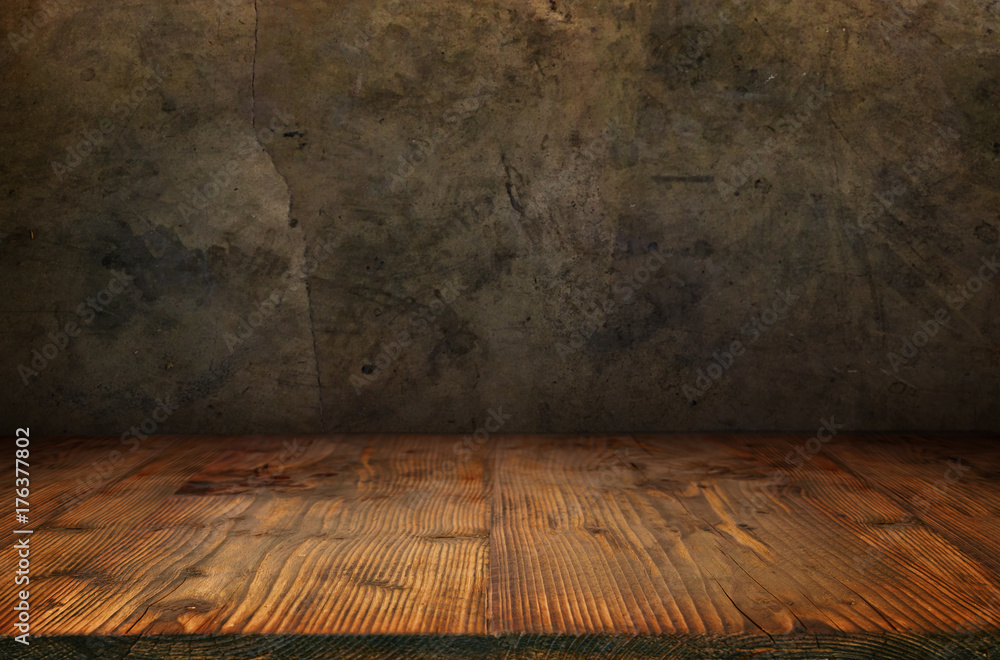 Old concrete wall with wooden floor - obrazy, fototapety, plakaty 