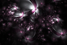 Abstract Exotic Pink And Grey Flowers On Black Background. Fantasy Fractal Design. Psychedelic Digital Art. 3D Rendering.