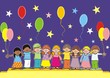 © janista - Children on stage. Girls and boys and podium. On Background balloons and stars. Vector icon.