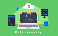 Data Recovery, Data Backup, Restoration And Security Flat Design Vector With Icons