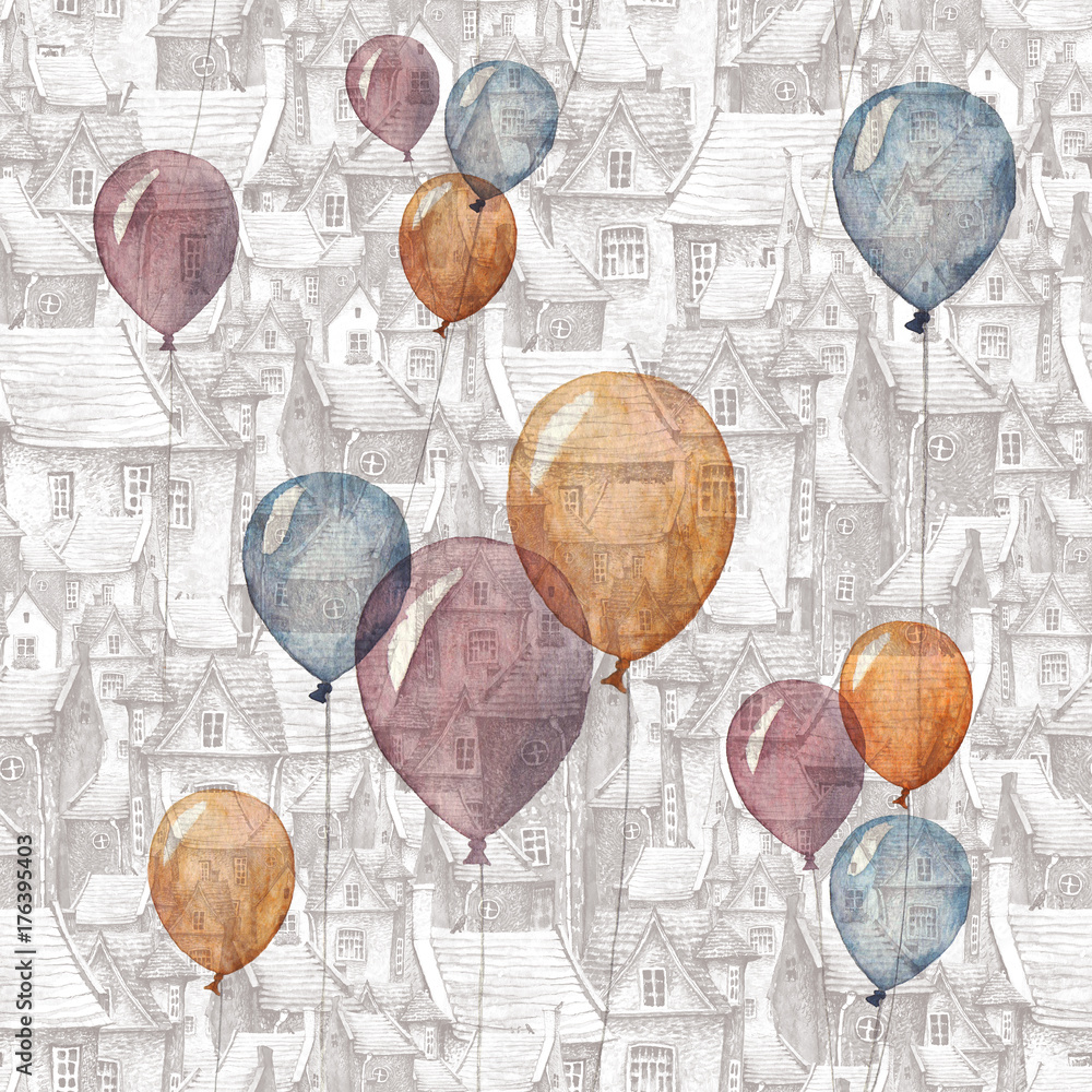 powielony-wzor-z-ilustracja-balonow-i-starego-miasteczka-dachy-europejskie-domy-murowane-i-balony-latajace-akwarela