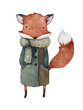 Watercolor illustration of a cute fox in a coat
