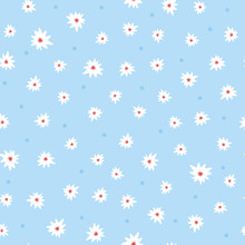 Cute Floral Seamless Pattern. Small White Flowers On Blue Background  With Round Dots.