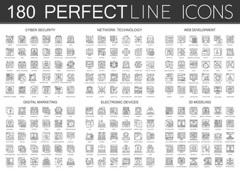 Poster - 180 outline mini concept infographic symbol icons of cyber security, network technology, web development, digital marketing, electronic devices, 3d modeling.