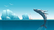 Card template with whale jumping under the blue ocean surface near icebergs. Winter arctic vector illustration. Iceland.
