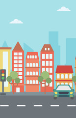 Canvas Print - Background of modern city with a car on a road vector  vector flat design illustration. Vertical layout.