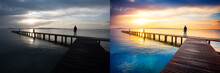 Before And After Example Of Photo Editing Process, Color Correction,brightness And Saturation Of Man Silhouette Standing On Wooden Pier At Sunset